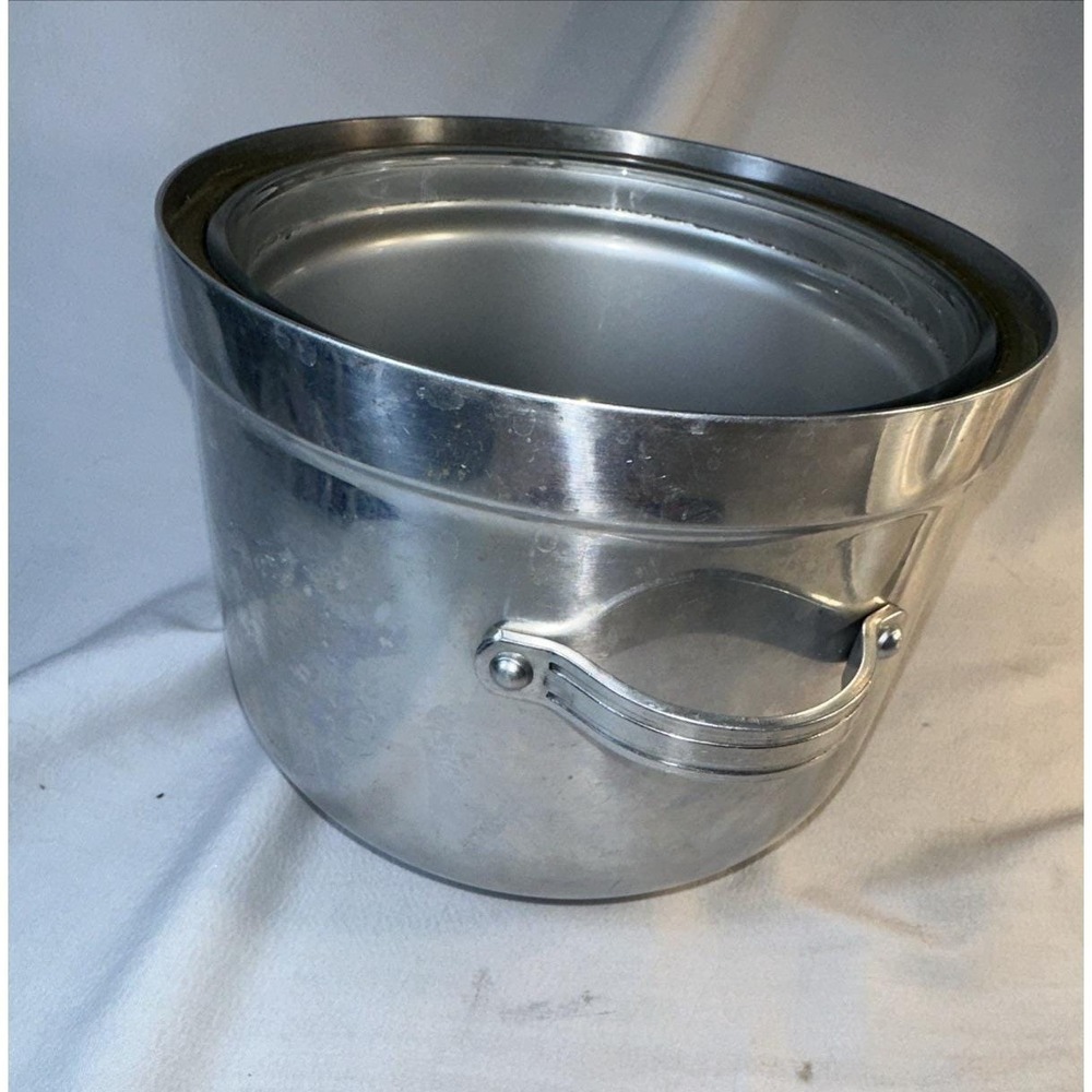 Vintage Buenilum & Pyrex Glass Lined Aluminum Ice Bucket w/ Lid Wooden Finial - Picture 9 of 12
